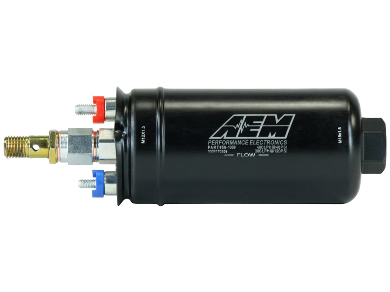 AEM 400LPH High Pressure Inline Fuel Pump - M18x1.5 Female Inlet to M1